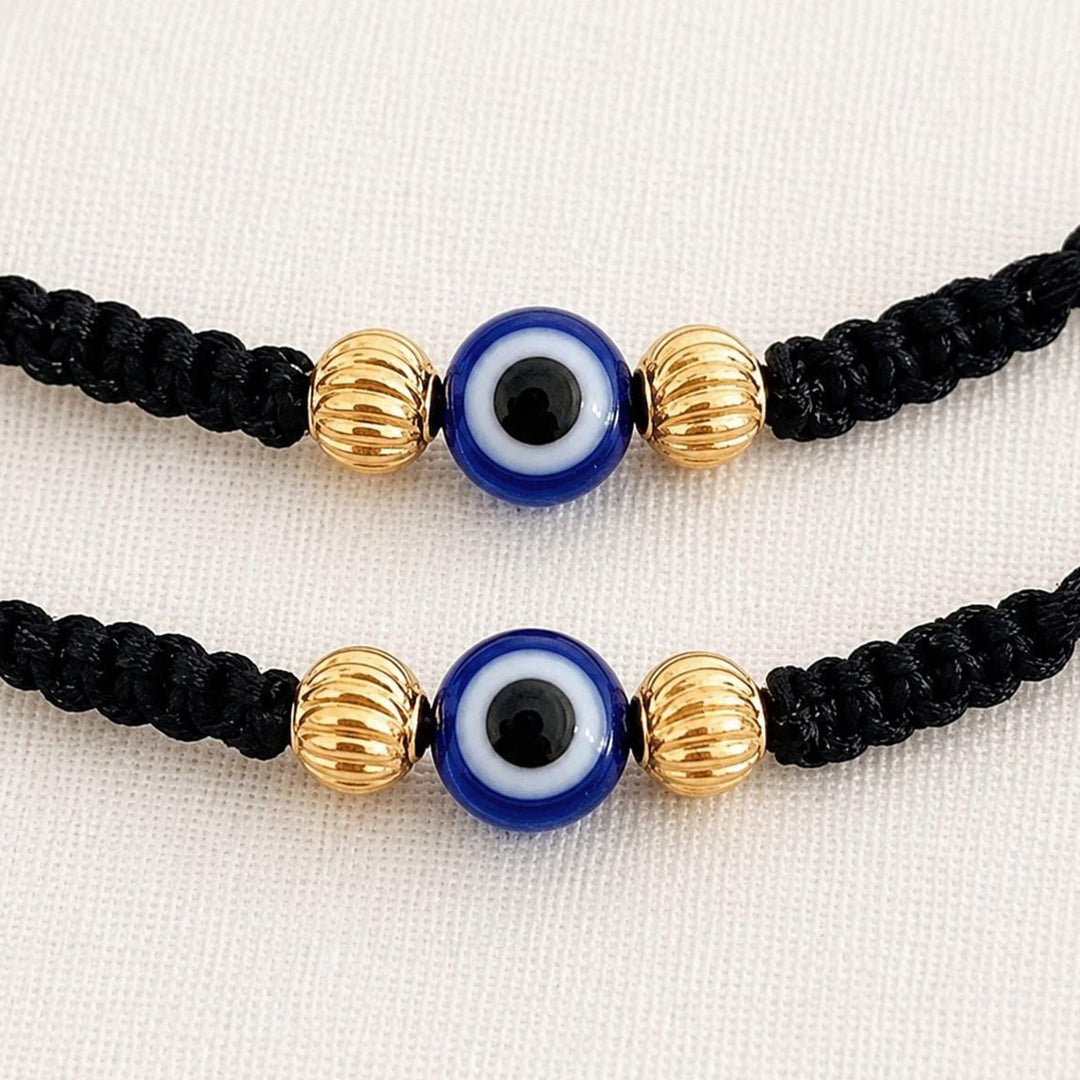 Cute Evil Eye Gold Plated Sterling Silver Kids Nazariya Thread Rakhis With Roli Chawal For Newborn Twins | Set of 2
