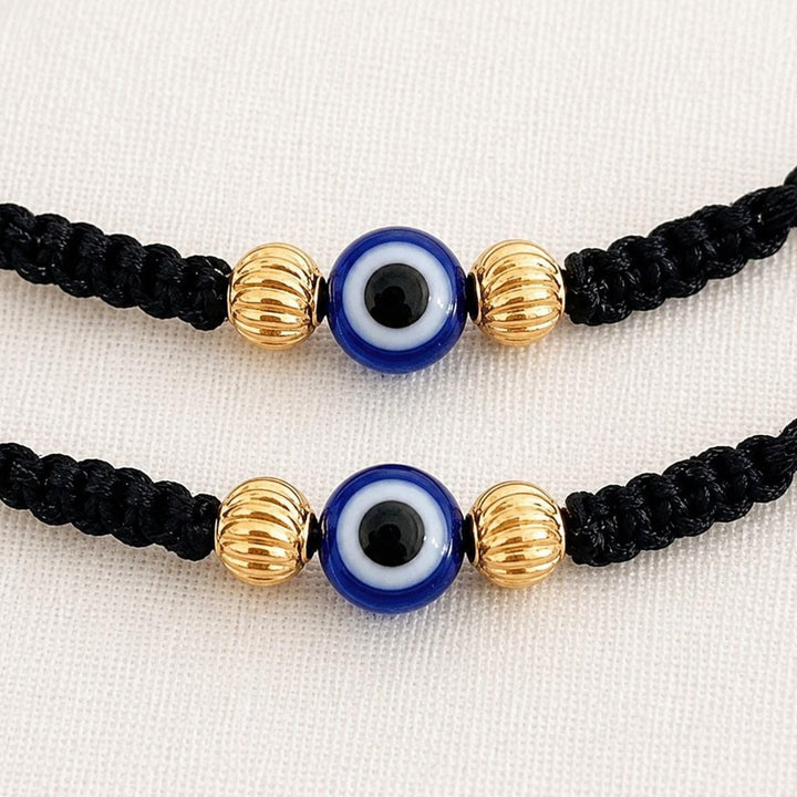 Cute Evil Eye Gold Plated Sterling Silver Kids Nazariya Thread Rakhis With Roli Chawal For Newborn Twins | Set of 2