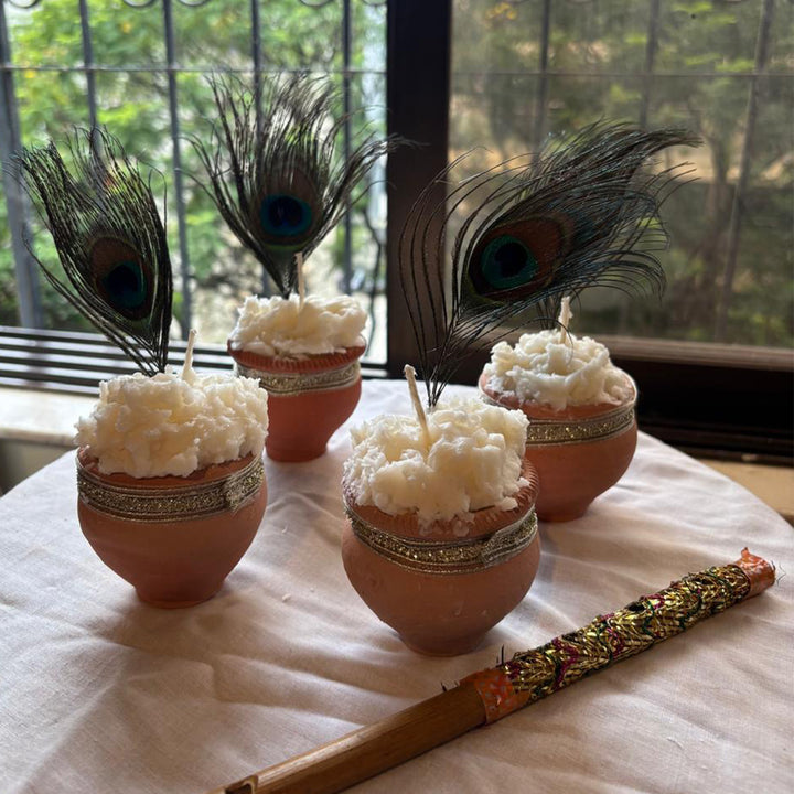Set of 4 | Handmade Makhan Wax Scented Candles With Morpankh Detailing
