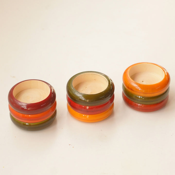 Set of 2 | "Three-Ringed" Etikoppaka Wooden Tealight Holders With Tealights For Festive Decor