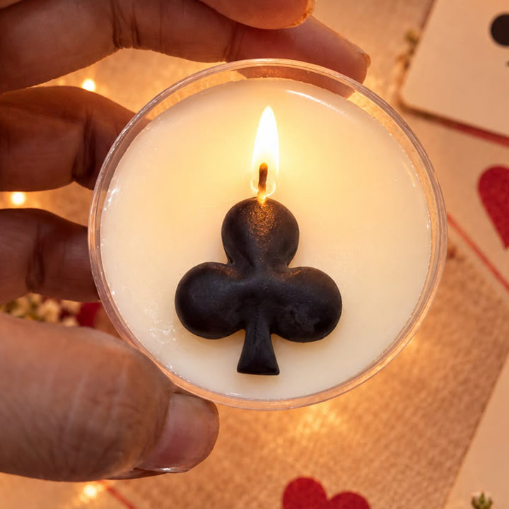 Set Of 4 | Handcrafted Card Suite Spade, Heart, Club & Diamond Clear Cup Morning Rose Scented Soy Wax Tealight Candles