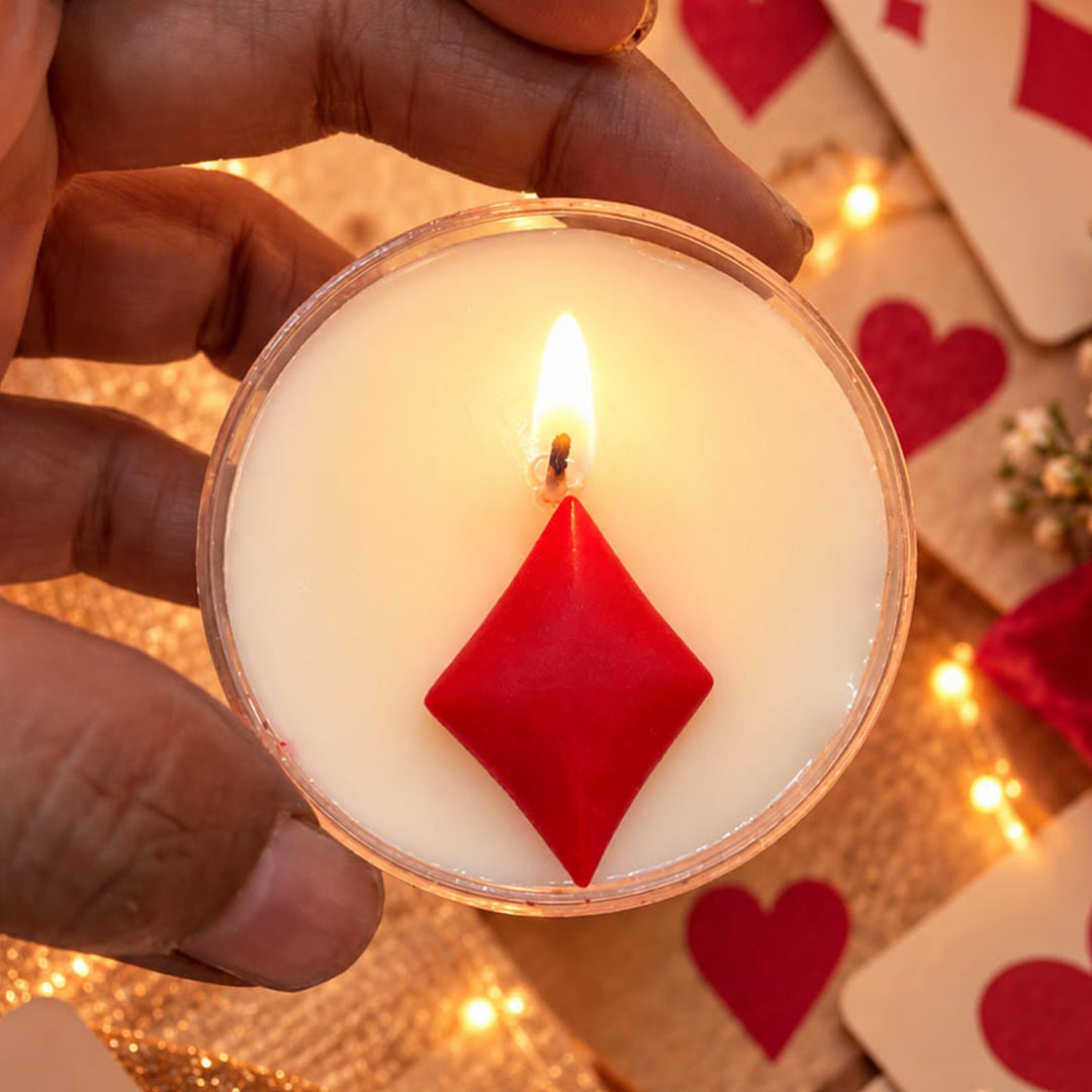 Set Of 4 | Handcrafted Card Suite Spade, Heart, Club & Diamond Clear Cup Morning Rose Scented Soy Wax Tealight Candles