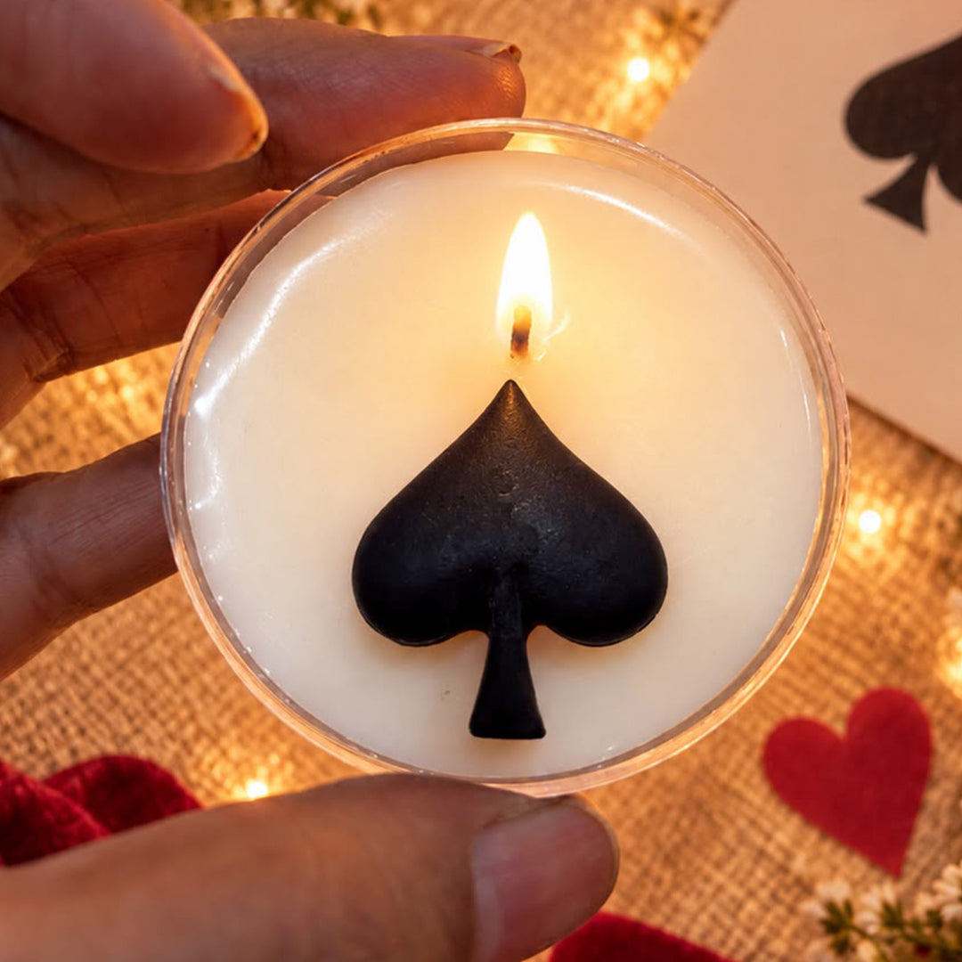 Set Of 4 | Handcrafted Card Suite Spade, Heart, Club & Diamond Clear Cup Morning Rose Scented Soy Wax Tealight Candles