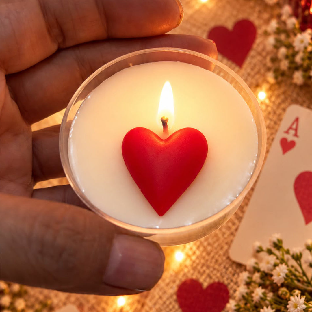 Set Of 4 | Handcrafted Card Suite Spade, Heart, Club & Diamond Clear Cup Morning Rose Scented Soy Wax Tealight Candles