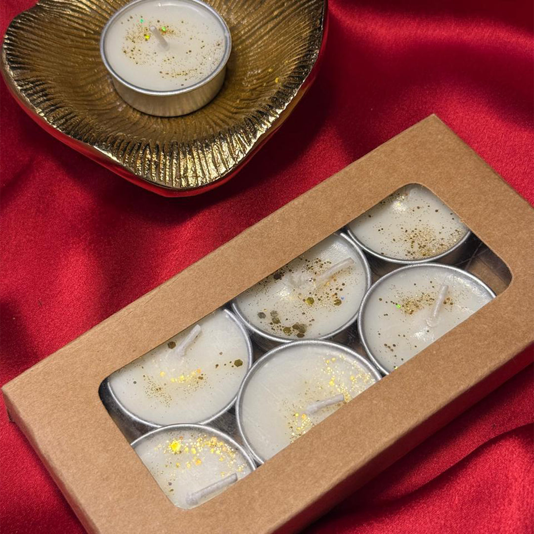 Set Of 6 | Handcrafted Festive Shimmer Gold Glitter Peony Blossom Scented Soy Wax Tealight Candles