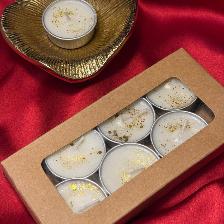 Set Of 6 | Handcrafted Festive Shimmer Gold Glitter Peony Blossom Scented Soy Wax Tealight Candles