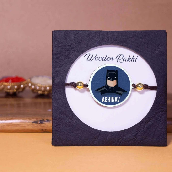 Personalized Handmade Batman Wooden Kids Rakhi With Roli Chawal - Packaged rakhi for gifting