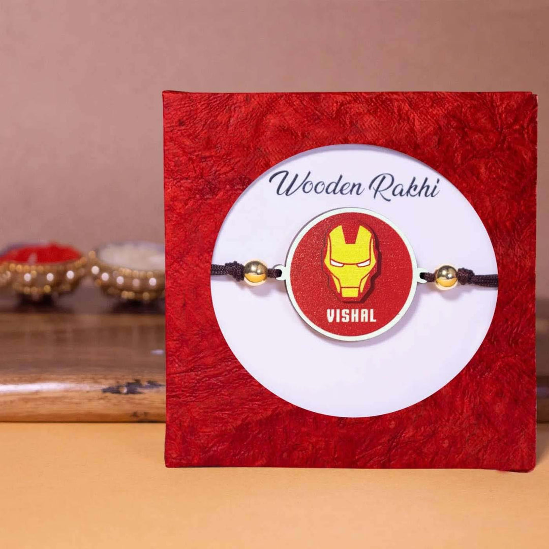 Personalized Handmade Iron Man Wooden Kids Rakhi With Roli Chawal - Rakhi in Gift Box Packaging