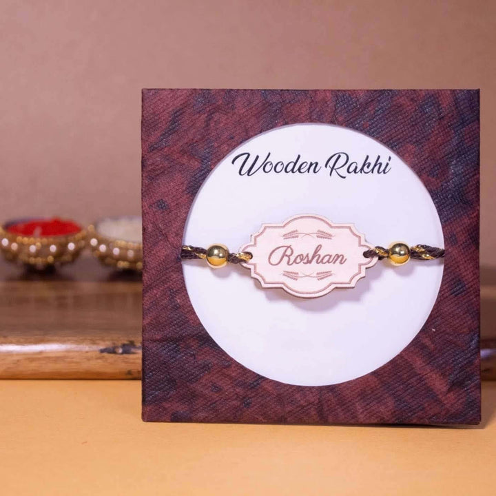 Personalized Handmade Vintage Wooden Rakhi With Roli Chawal - Rakhi in Gift Packaging Display