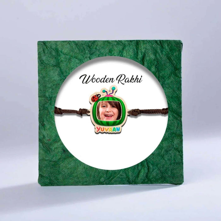 Photo Personalized Handmade Cocomelon Wooden Kids Rakhi With Roli Chawal - Side View of Included Colors Packets