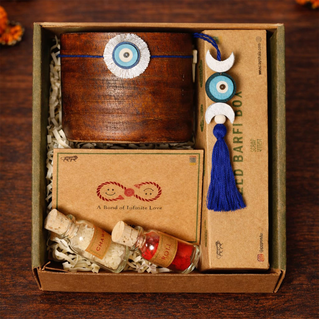 Plantable Nazarbattu Rakhi-Lumba Grow Box With Wooden Planter & Roli-Chawal For Bhaiya Bhabhi | Set of 2