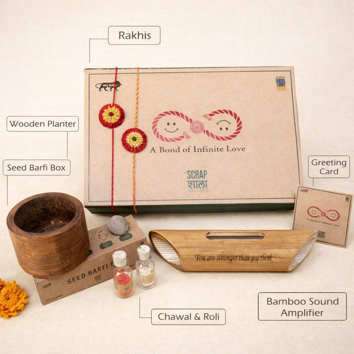 Plantable Akkad-Bakkad Seed Rakhi Gift Hamper With Wooden Planter & Bamboo Sound Amplifier For Brother | Set of 2