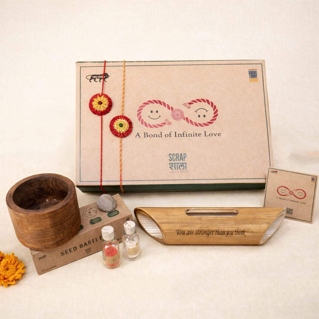 Plantable Akkad-Bakkad Seed Rakhi Gift Hamper With Wooden Planter & Bamboo Sound Amplifier For Brother | Set of 2