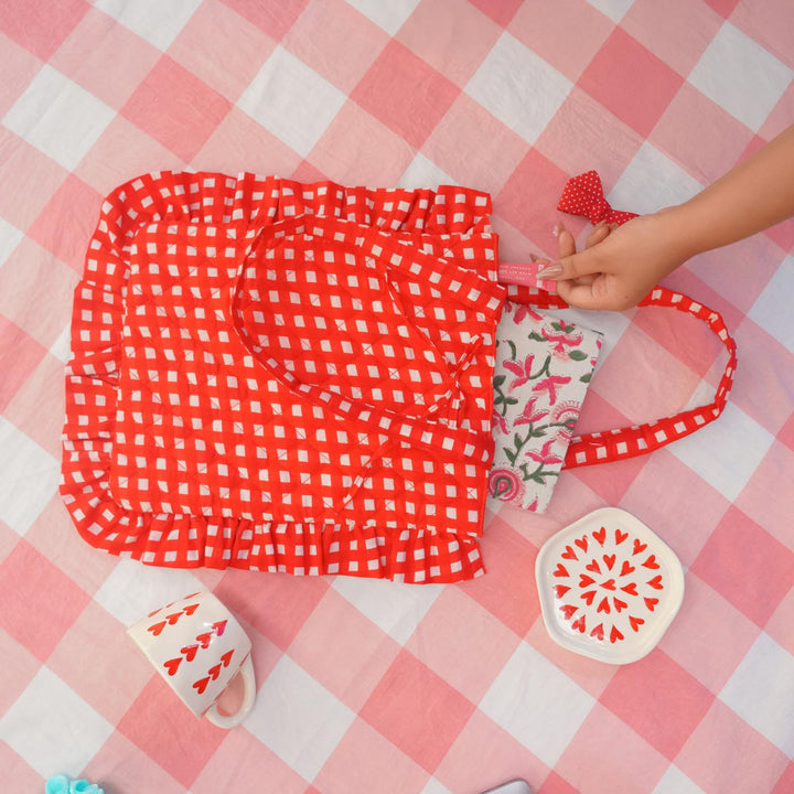"Belle" Flat Tote Bag With Bow Detail & Magnetic Closure For Women | Checks