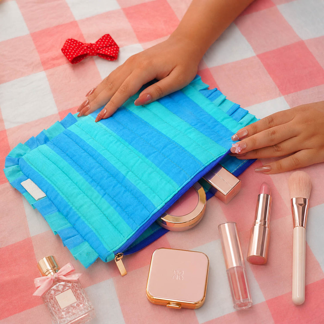 "Lana" Compact Flat Pouch With Ruffled Edges For Women | Broad Stripes