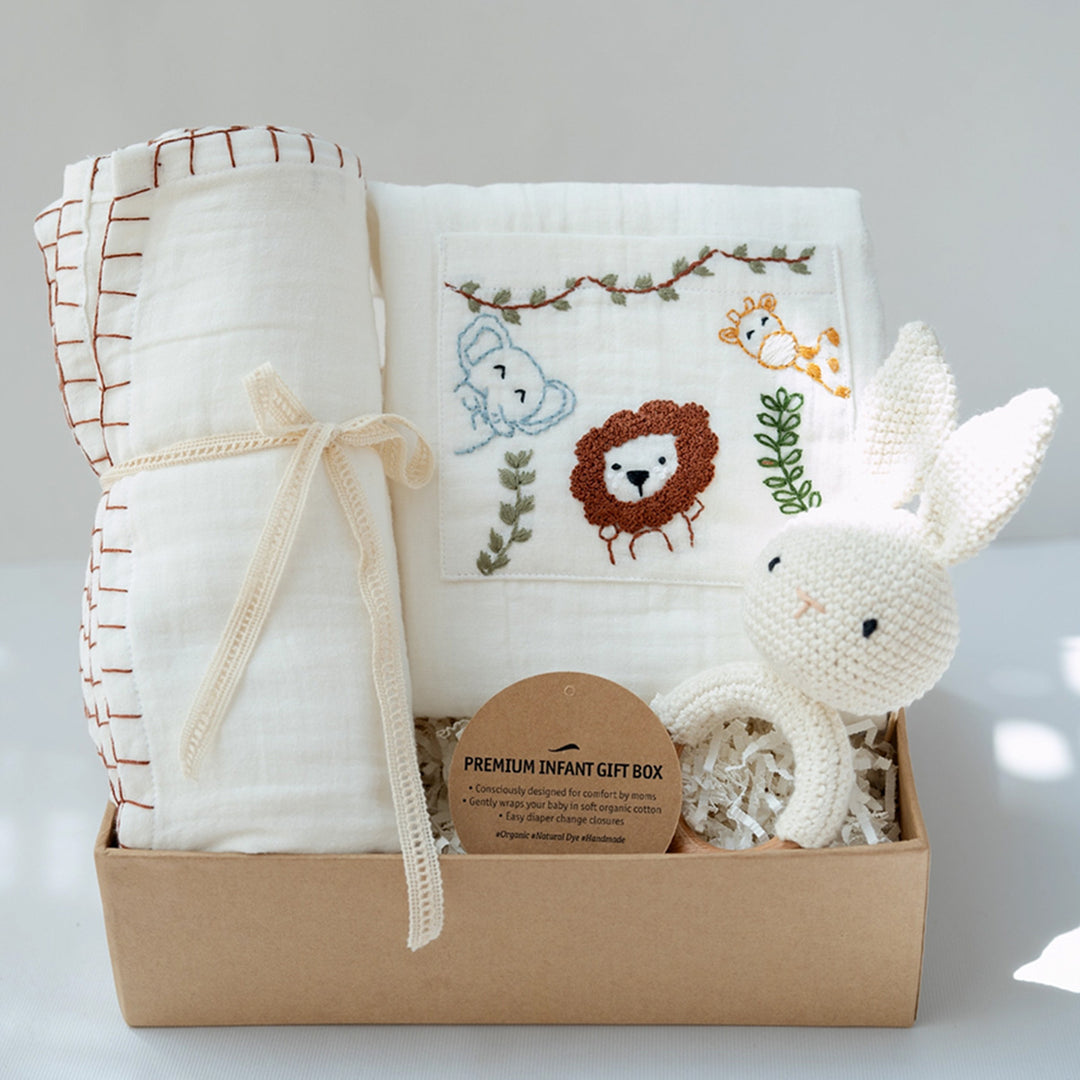 Little Meadows Baby Boy Gift Hamper | Romper, Swaddle & Bunny Rattle