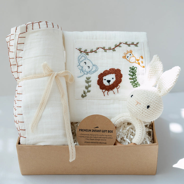 Little Meadows Baby Boy Gift Hamper | Romper, Swaddle & Bunny Rattle