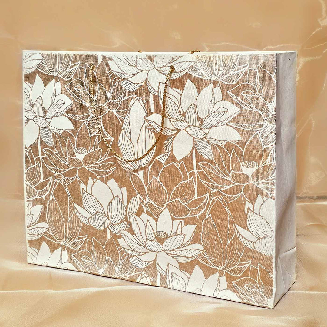 Handmade White Lotus Design Paper Tote Bag | Set Of 3