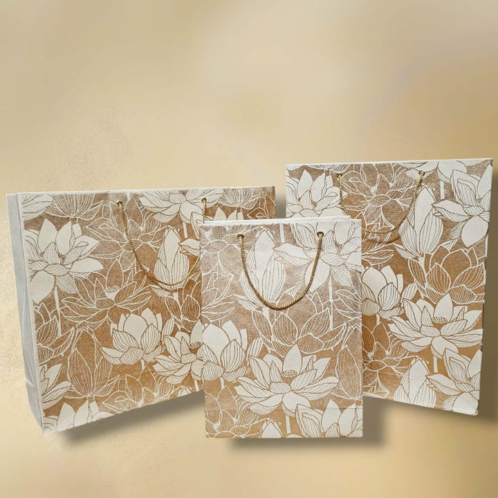 Handmade White Lotus Design Paper Tote Bag | Set Of 3
