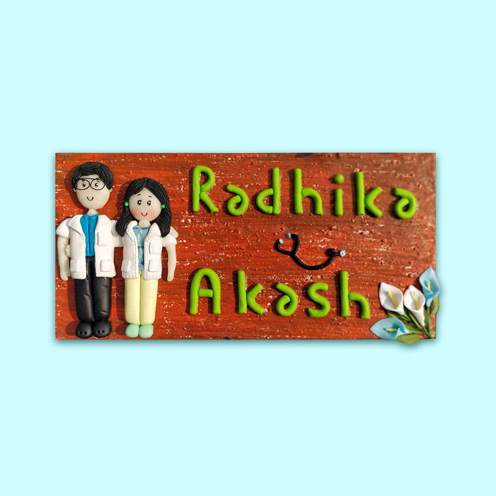 Handcrafted Personalized Clay Caricature Couple Nameplate For Doctors