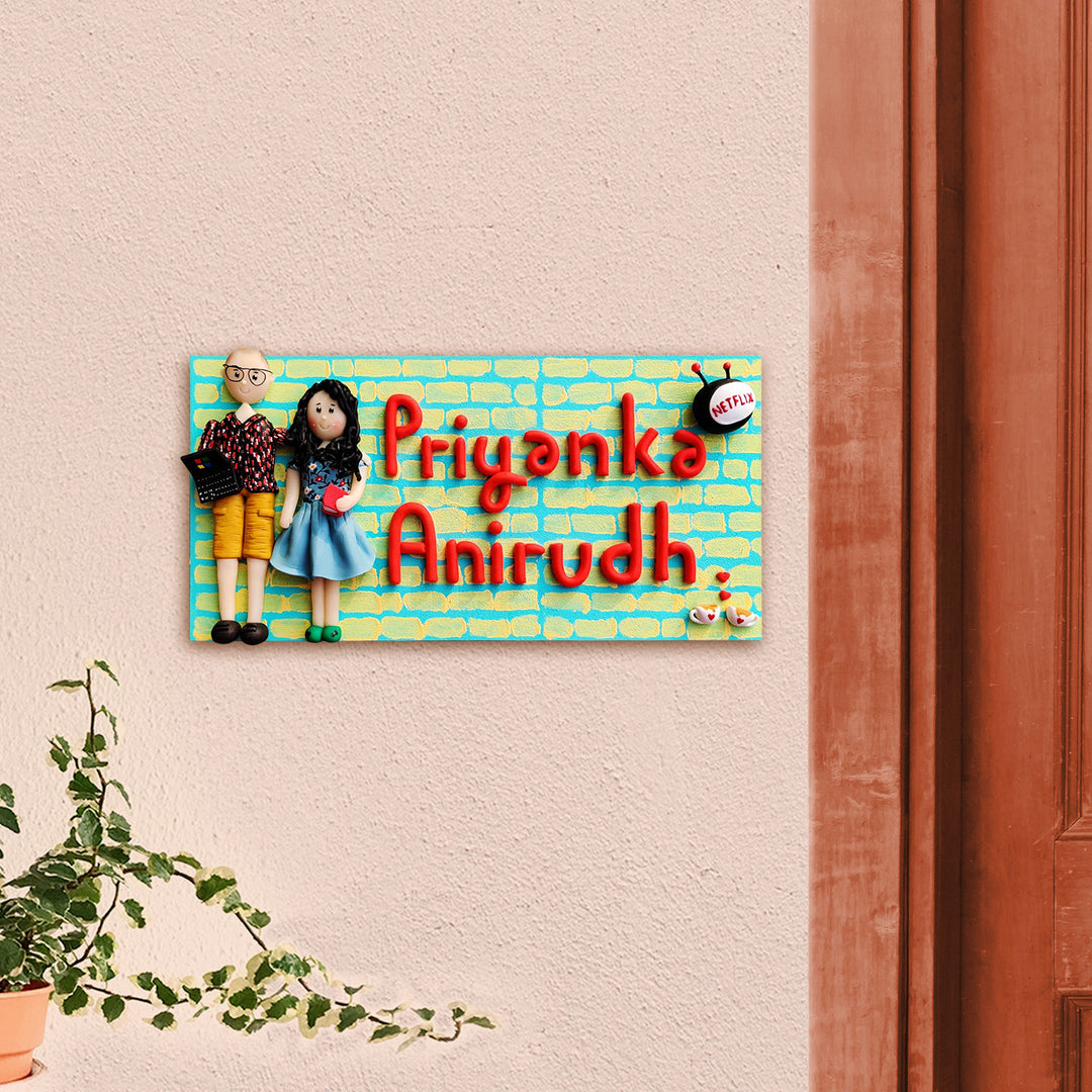 Handcrafted Personalized Clay Caricature Couple Nameplate