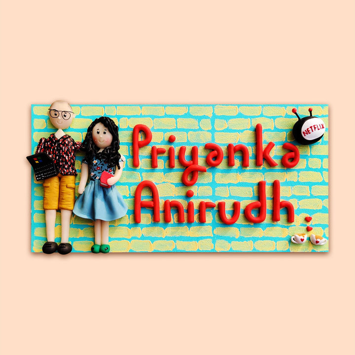 Handcrafted Personalized Clay Caricature Couple Nameplate