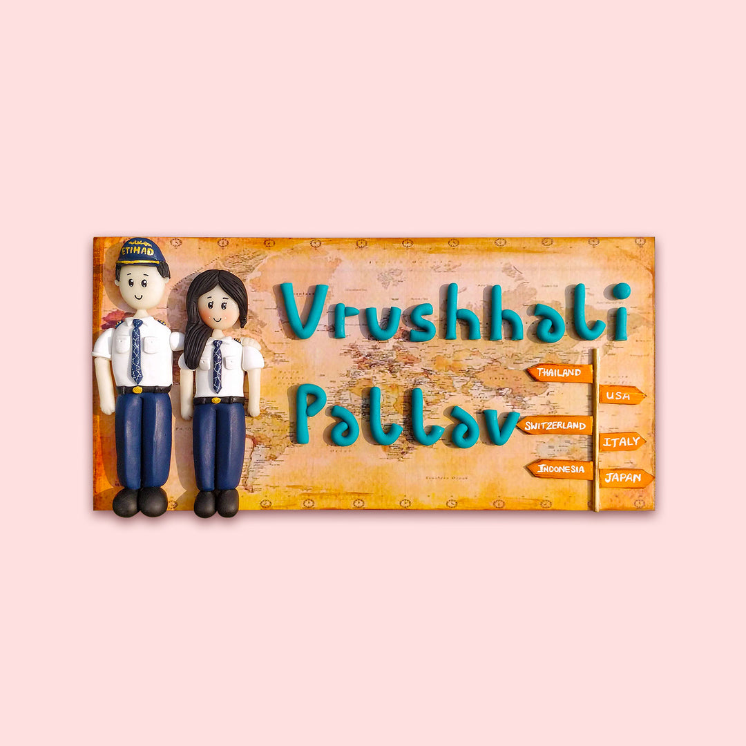 Handcrafted Personalized Clay Caricature Nameplate For Pilot Couples