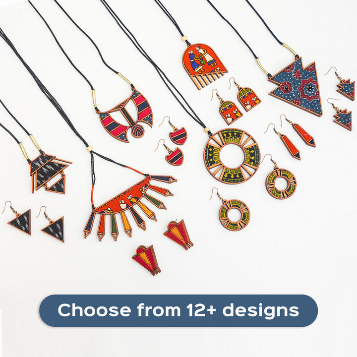 Handcrafted Wood & Fabric Fringe Earrings & Necklace
