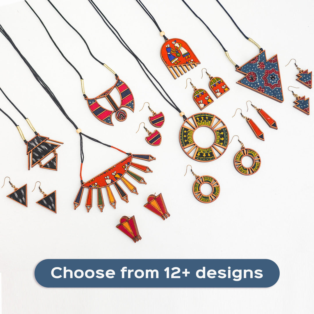 Handcrafted Wood & Fabric Rays Earrings & Necklace