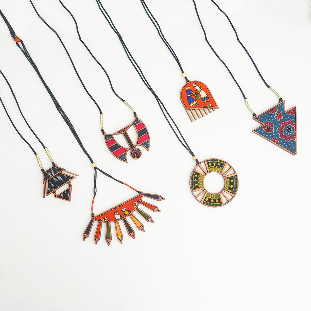 Handcrafted Wood & Fabric Triangle Necklace & Earrings