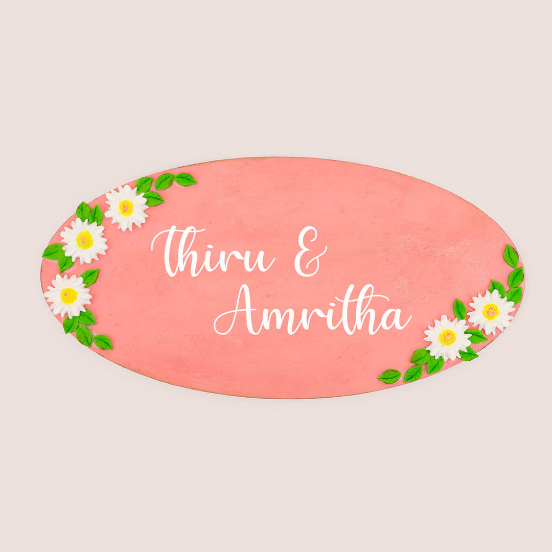 Handcrafted Personalized Wooden Floral Oval Name Plate 1 - Name Personalization Example Front View