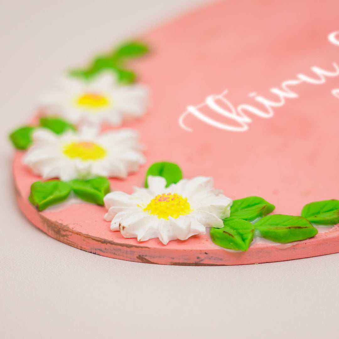 Handcrafted Personalized Wooden Floral Oval Name Plate 1 - Edge Close-up Showing Detail