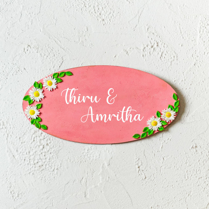 Handcrafted Personalized Wooden Floral Oval Name Plate 1 - Front View with Name Personalization