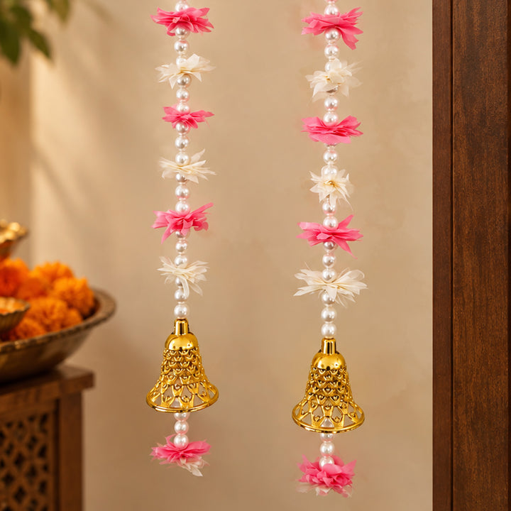 Handmade White & Pink Mogra Flower Pearl Hanging With Bells