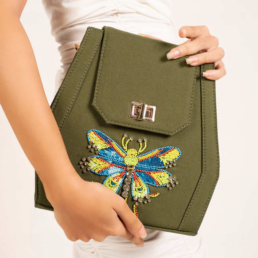 Embroidered Butterfly Motif Olive Green Sling Bag