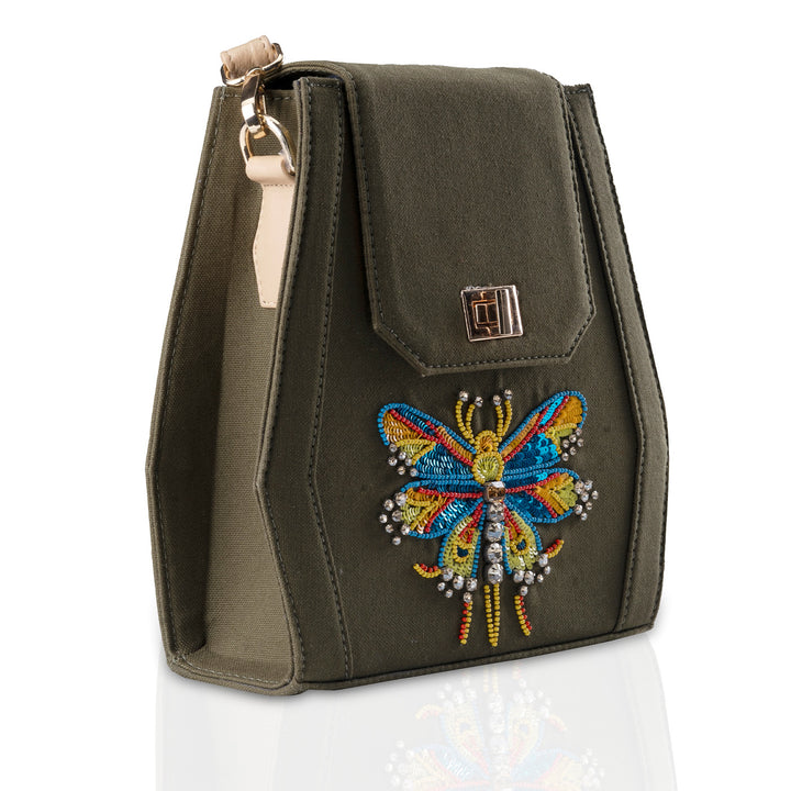 Embroidered Butterfly Motif Olive Green Sling Bag