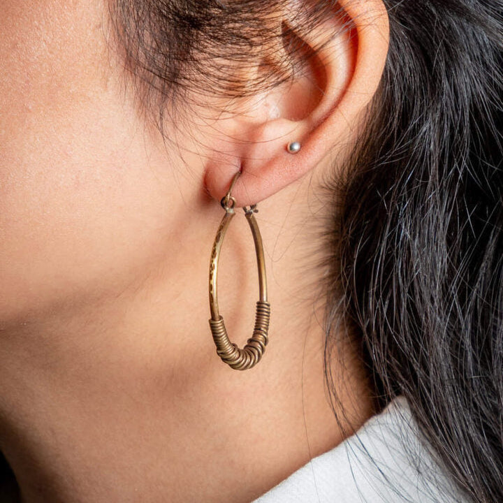 Handmade Wired Medium Hoops Brass Earrings