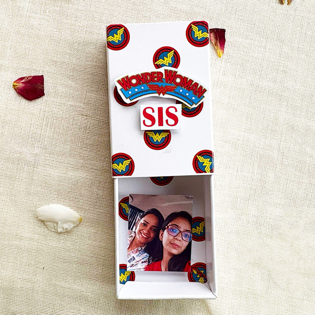 Personalized Photo "Wonder Woman" Theme Rakhi Gift for Sister | Rakhi, Matchbox Card & Photo Magnet Combo