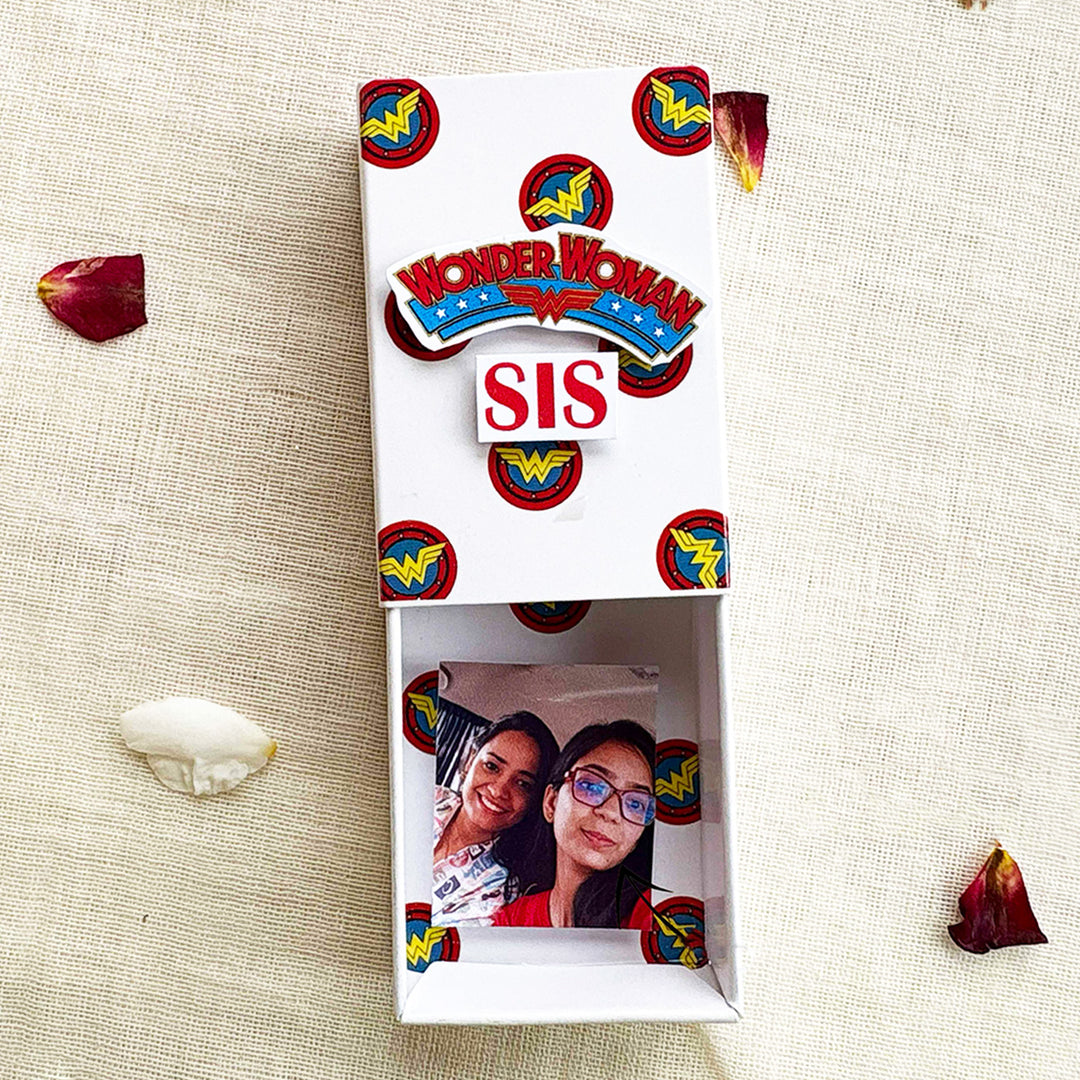 Personalized Photo "Wonder Woman" Theme Lumba Rakhi Gift for Bhabhi | Rakhi, Matchbox Card & Photo Magnet Combo