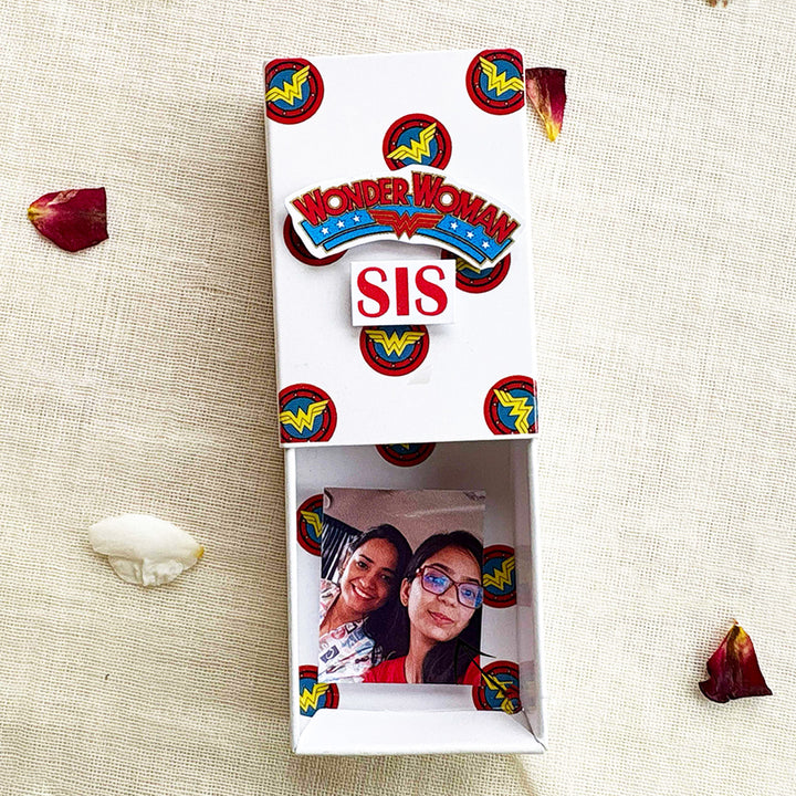 Personalized Photo "Wonder Woman" Theme Lumba Rakhi Gift for Bhabhi | Rakhi, Matchbox Card & Photo Magnet Combo