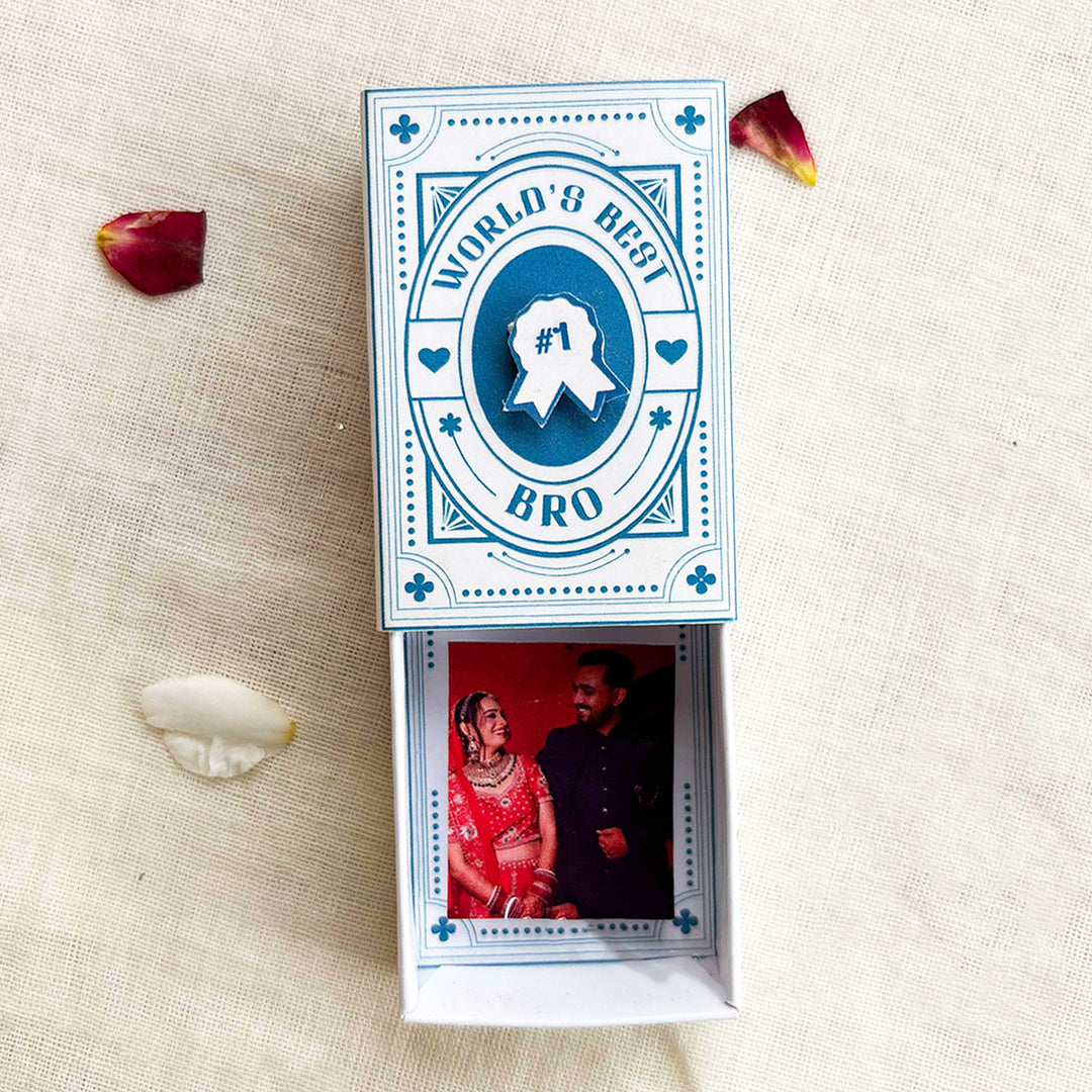 Personalized Photo "World's Best Brother" Quote Rakhi Gift for Brother | Rakhi, Matchbox Card & Photo Magnet Combo