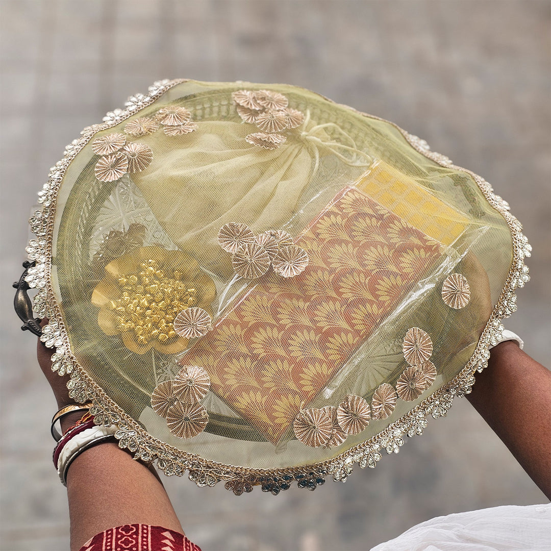 Decorative Shagun Tray Cover With Floral Gota Motifs For Festive Decor