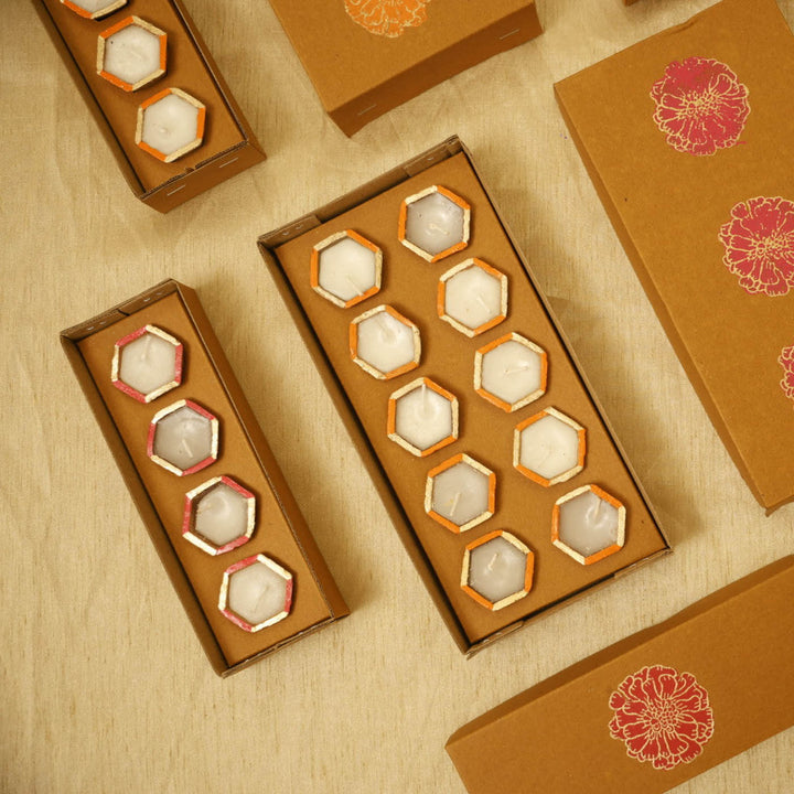 Handmade Hexagon Shaped Design Terracotta Oil Lamp / Diya | Set Of 4