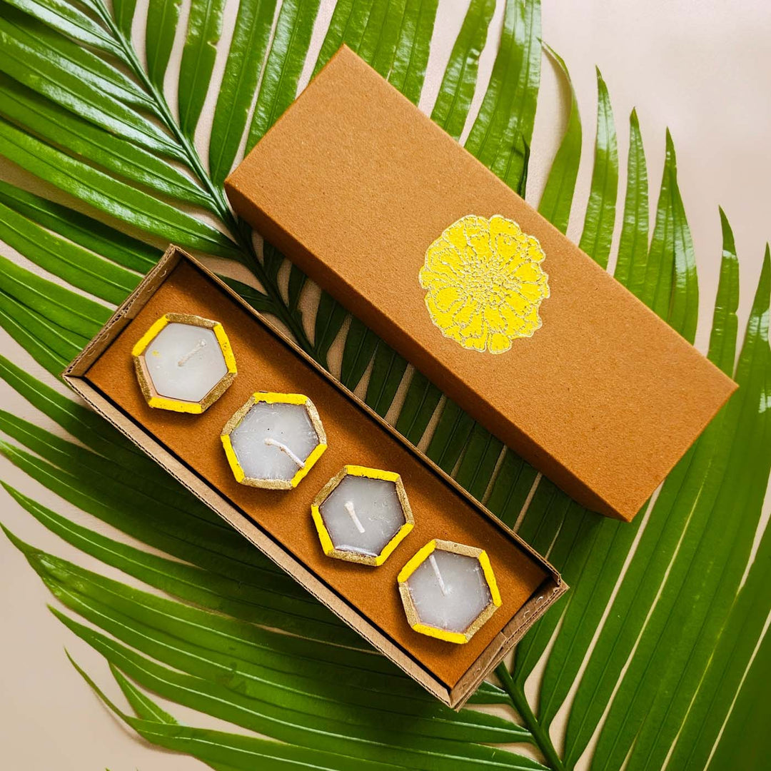 Handmade Marigold Design Classic Gift Hamper | Includes 6 Placemats, 6 Table Mats, 4 Diyas And 1 Gift Box