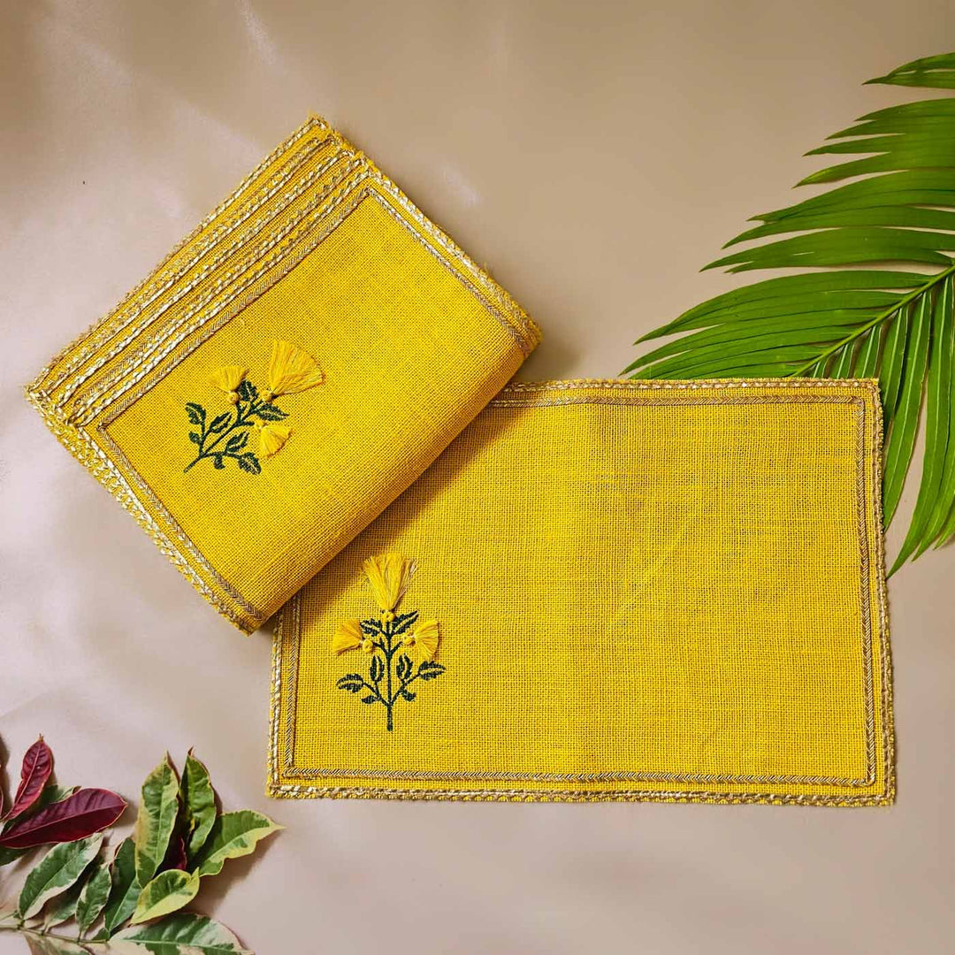 Handmade Marigold Design Classic Gift Hamper | Includes 6 Placemats, 6 Table Mats, 4 Diyas And 1 Gift Box