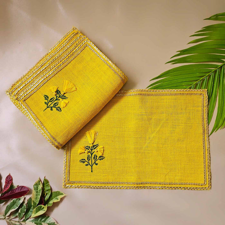 Handmade Marigold Design Classic Gift Hamper | Includes 6 Placemats, 6 Table Mats, 4 Diyas And 1 Gift Box