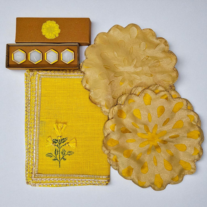 Handmade Marigold Design Classic Gift Hamper | Includes 6 Placemats, 6 Table Mats, 4 Diyas And 1 Gift Box