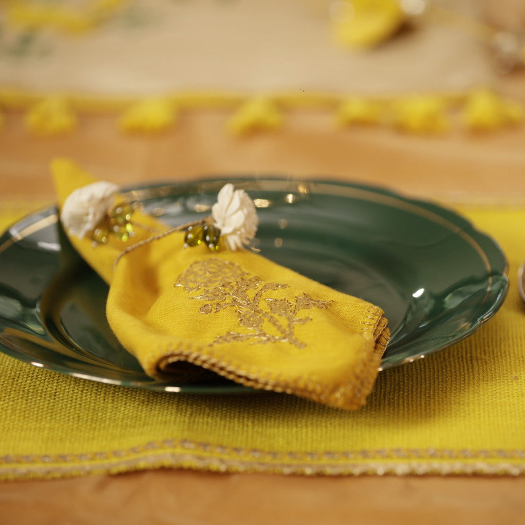Handmade Marigold Design Grand Gift Hamper | Includes 1 Runner, 6 Table Mats, 6 Napkins, 6 Napkin Rings And 1 Gift Box