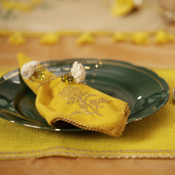 Handmade Marigold Design Grand Gift Hamper | Includes 1 Runner, 6 Table Mats, 6 Napkins, 6 Napkin Rings And 1 Gift Box