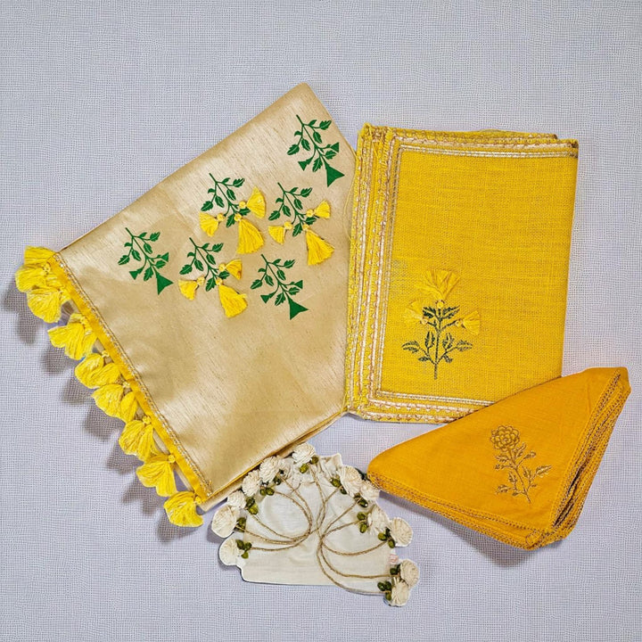 Handmade Marigold Design Grand Gift Hamper | Includes 1 Runner, 6 Table Mats, 6 Napkins, 6 Napkin Rings And 1 Gift Box